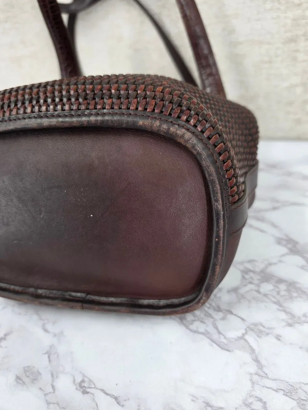 Brighton Vintage Leather Basket Weave Brown Croc-Accent Woven Tote Shoulder Bag